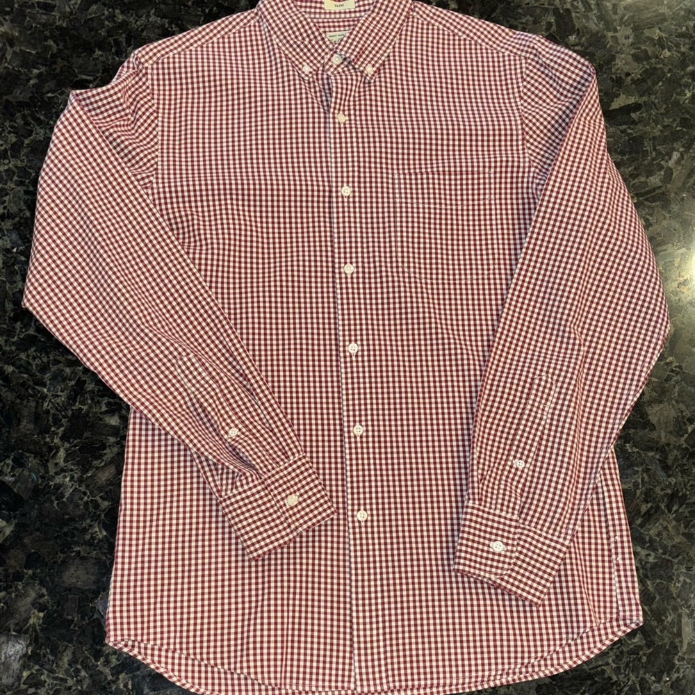J. Crew Men's deep red and white gingham button-down